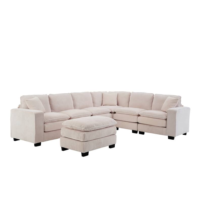 Modern U Shaped 6-seat Sectional Corduroy Sofa Couch with one Ottoman and three toss pillows ,Modular Sofa for Living Room