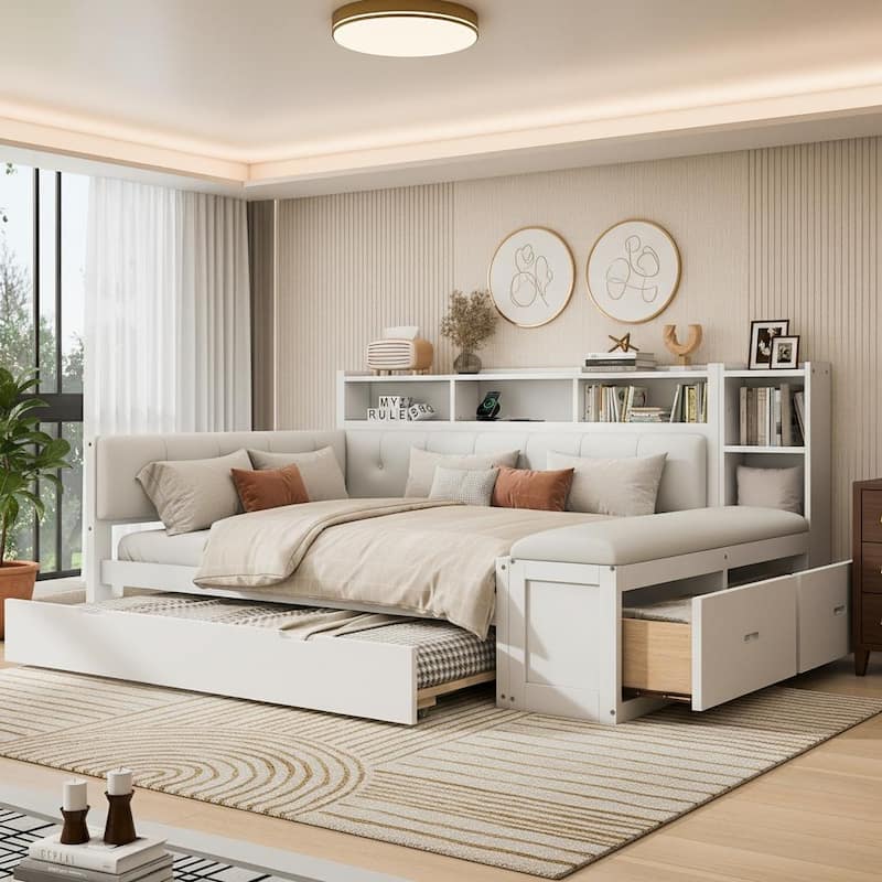 Full Size Wood Daybed with Trundle, Padded Bench, Charging Station, and Upholstered Headboard by Harper&Bright Designs - White