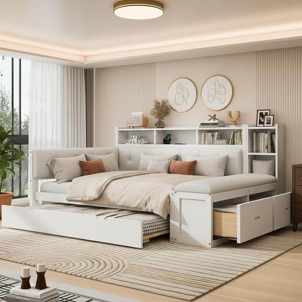 Full Size Wood Daybed with Trundle, Padded Bench, Charging Station, and Upholstered Headboard by Harper&Bright Designs