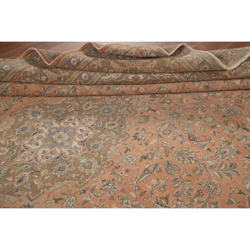 Hand Knotted Oriental 100% Wool Carpet Traditional Floral Coral Mashad Area Rug - 12' 6'' X 9' 7''