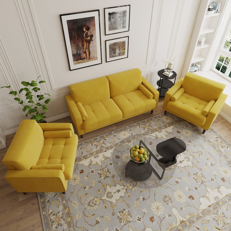 3-Piece Corduroy Tufted Club Armchair and Loveseat Set for Living Room