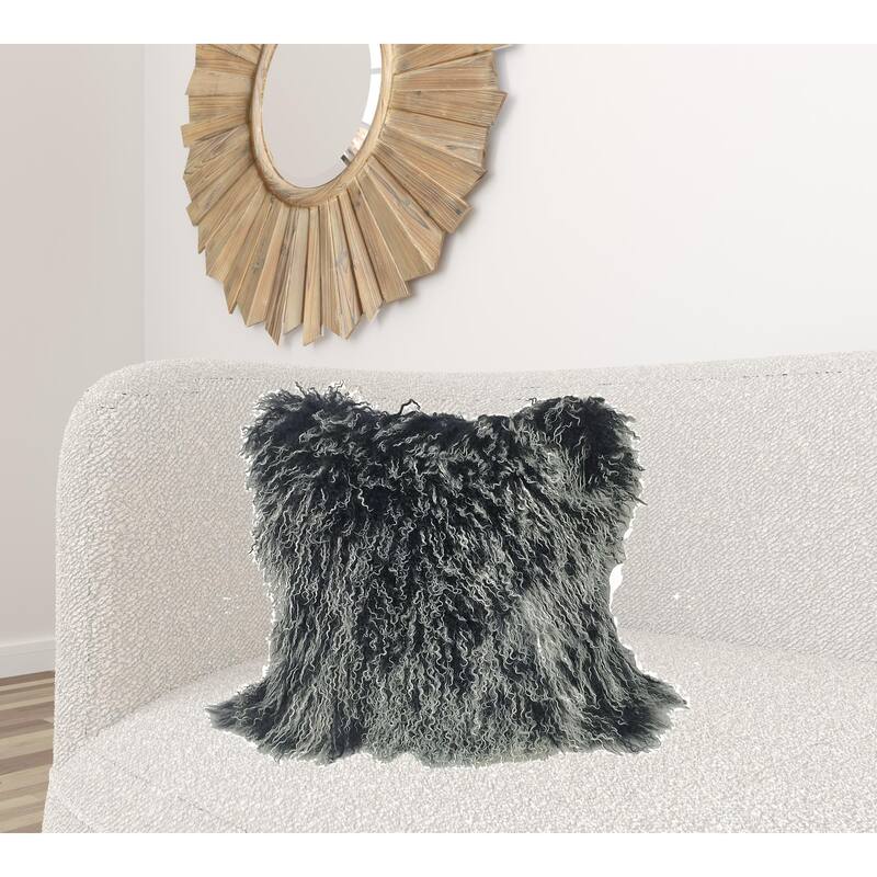 24" Black Genuine Tibetan Lamb Fur Pillow With Microsuede Backing - Black and White