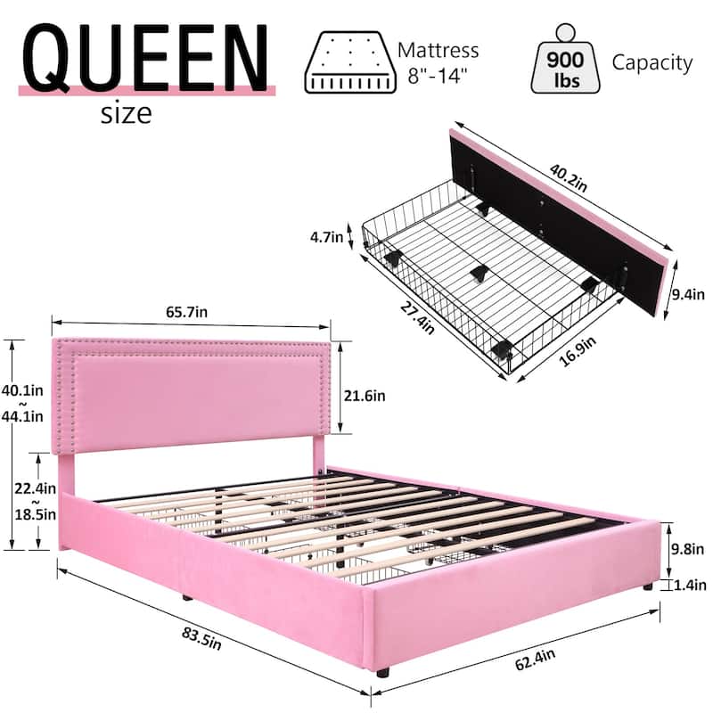 VECELO Upholstered Storage Bed Frames with 4 Storage Drawers Platform Bed Frame with Adjustable Velvet Rivets Headboard