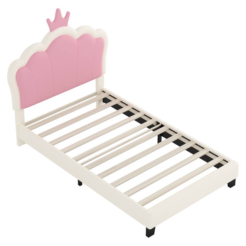 Cute Girl Princess Bed with Crown Headboard, PU Upholstered Platform Bed, Wood Panel Bed Low Profile Bed