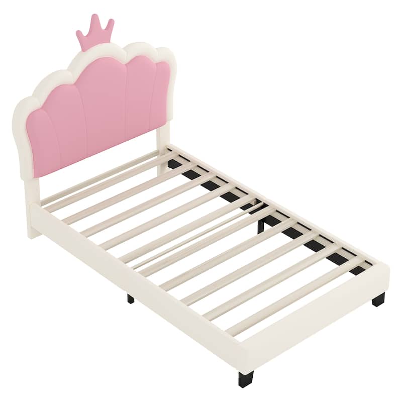 Enchanting Cream & Pink Twin Princess Bed with Crown Headboard - Magic!