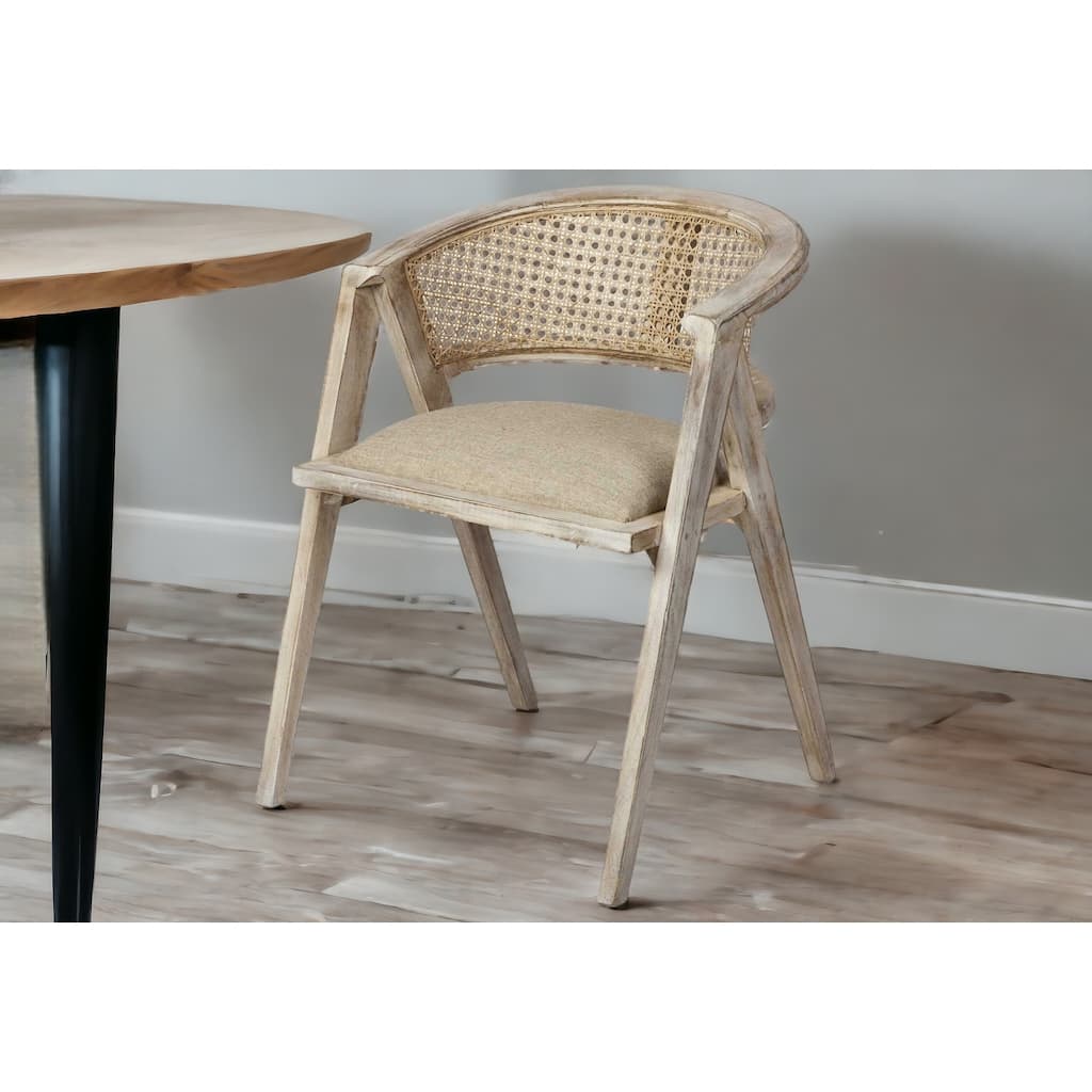 HomeRoots Beige And Gray Upholstered Linen Curved Back Dining Arm Chair