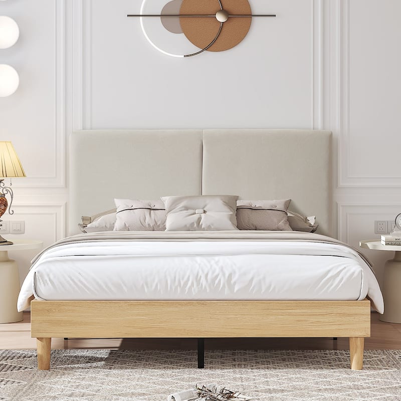 VECELO Upholstered Platform Bed Frame with Adjustable Headboard, Solid Wood Slats, No Box Spring Needed, Twin/Full/Queen Size - Beige - Queen