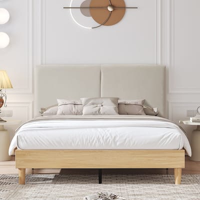 VECELO Upholstered Platform Bed Frame with Adjustable Headboard, Solid Wood Slats, No Box Spring Needed, Twin/Full/Queen Size
