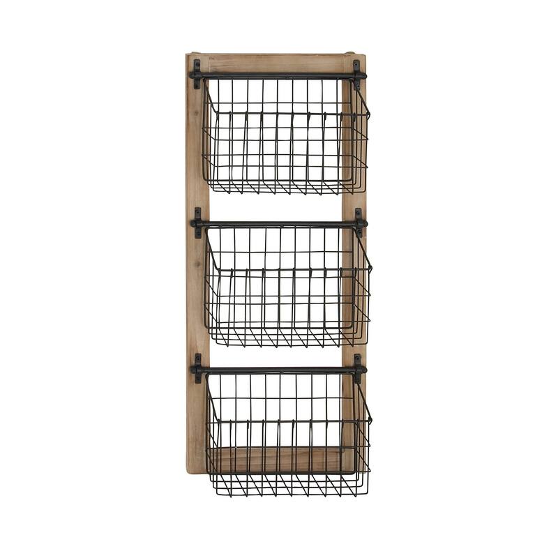 Black Metal 3 or 2 Slot Magazine Rack Holder with Wood Frame and Suspended Wire Baskets