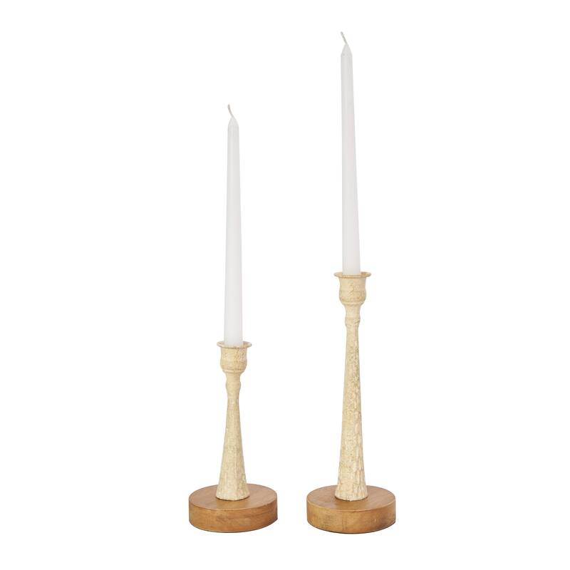 Cream or Light Blue Metal Textured Tapered Candle Holder with Brown Wood Bases (Set of 2)