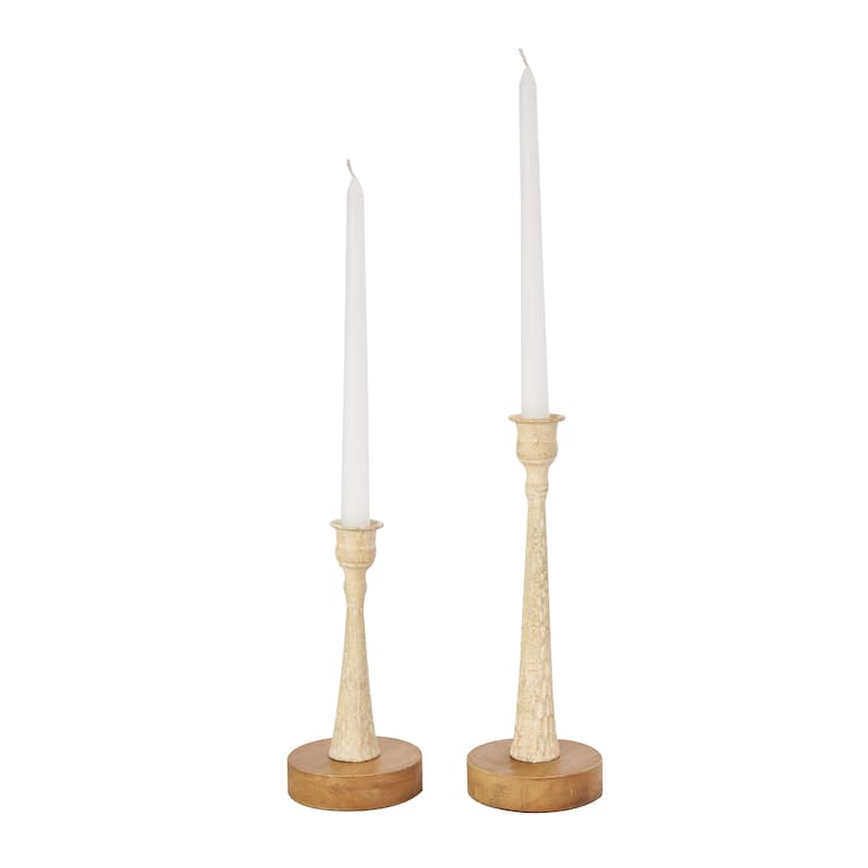 Cream or Light Blue Metal Textured Tapered Candle Holder with Brown