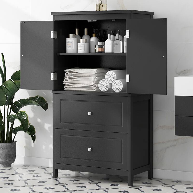 GDFStudio - Emery 43" Tall Bathroom Storage Cabinet with Adjustable Shelf and Dual Drawers, Modern MDF Organizer - Black - Storage Cabinet