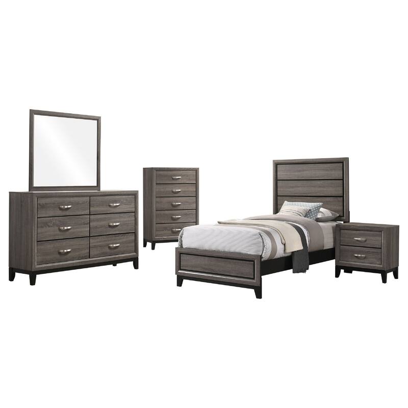 Mela 5pc Twin Bed Set, Nightstand Dresser Chest and Mirror, Oak Gray