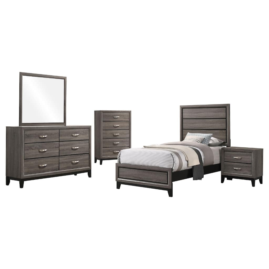 Mela 5pc Twin Bed Set, Nightstand Dresser Chest and Mirror, Oak Gray