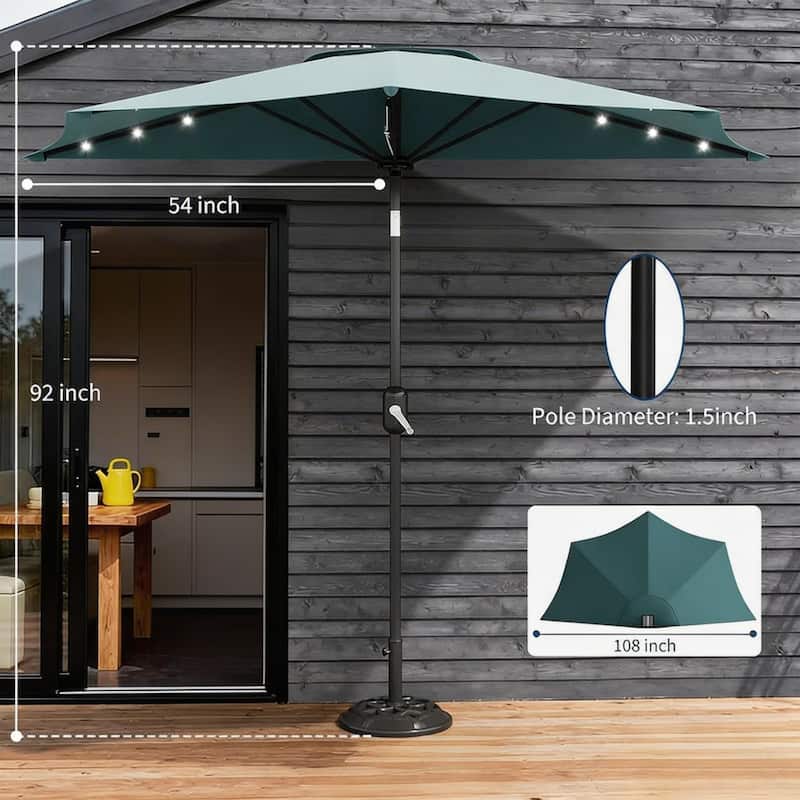9ft Outdoor Patio Half Umbrella, with Solar LED Lights and Smooth Crank Lift