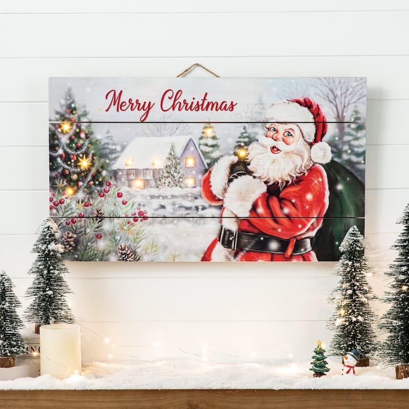 Glitzhome 24"L Wooden Christmas Santa Wall Decor with Warm White Lights