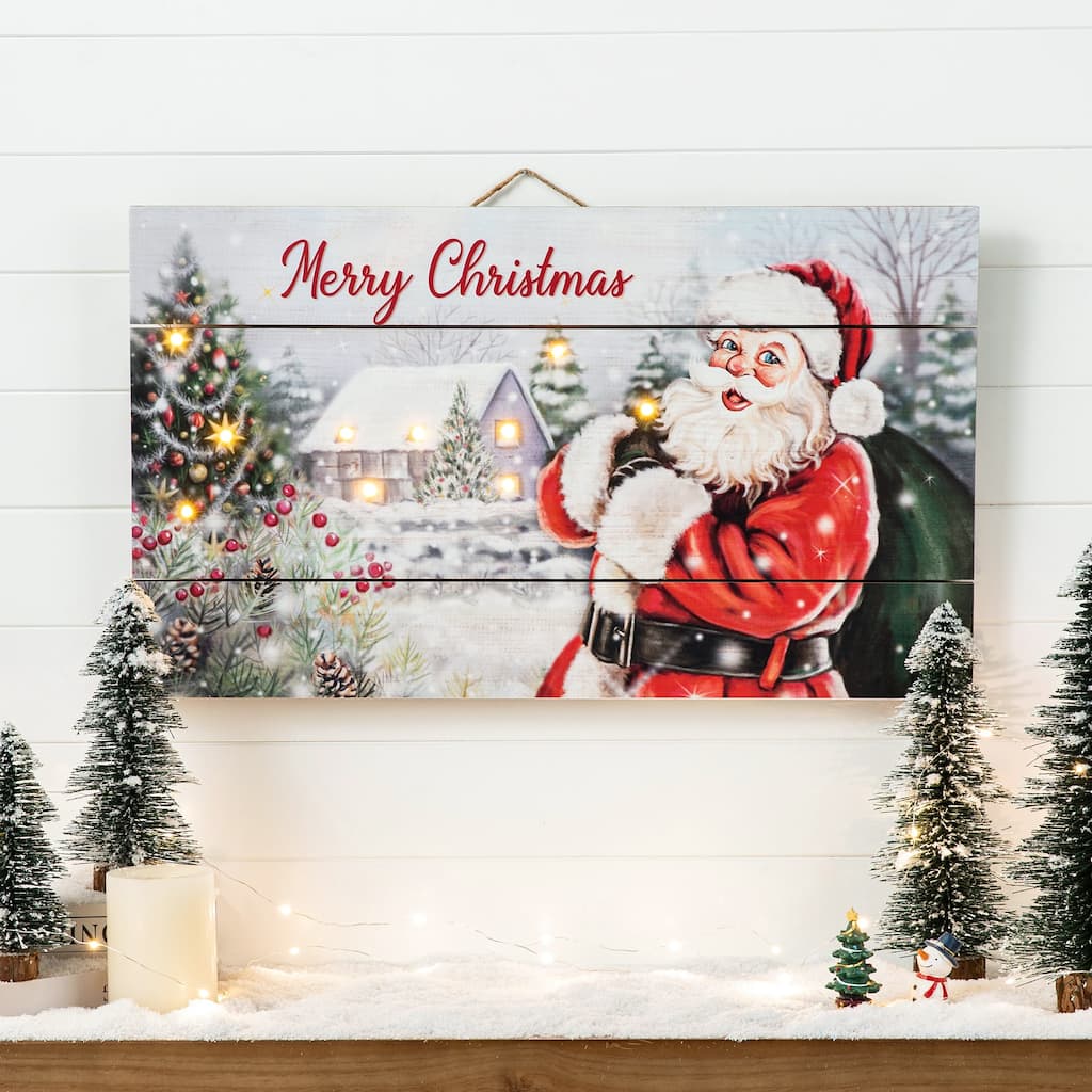 Glitzhome 24"L Wooden Christmas Santa Wall Decor with Warm White Lights