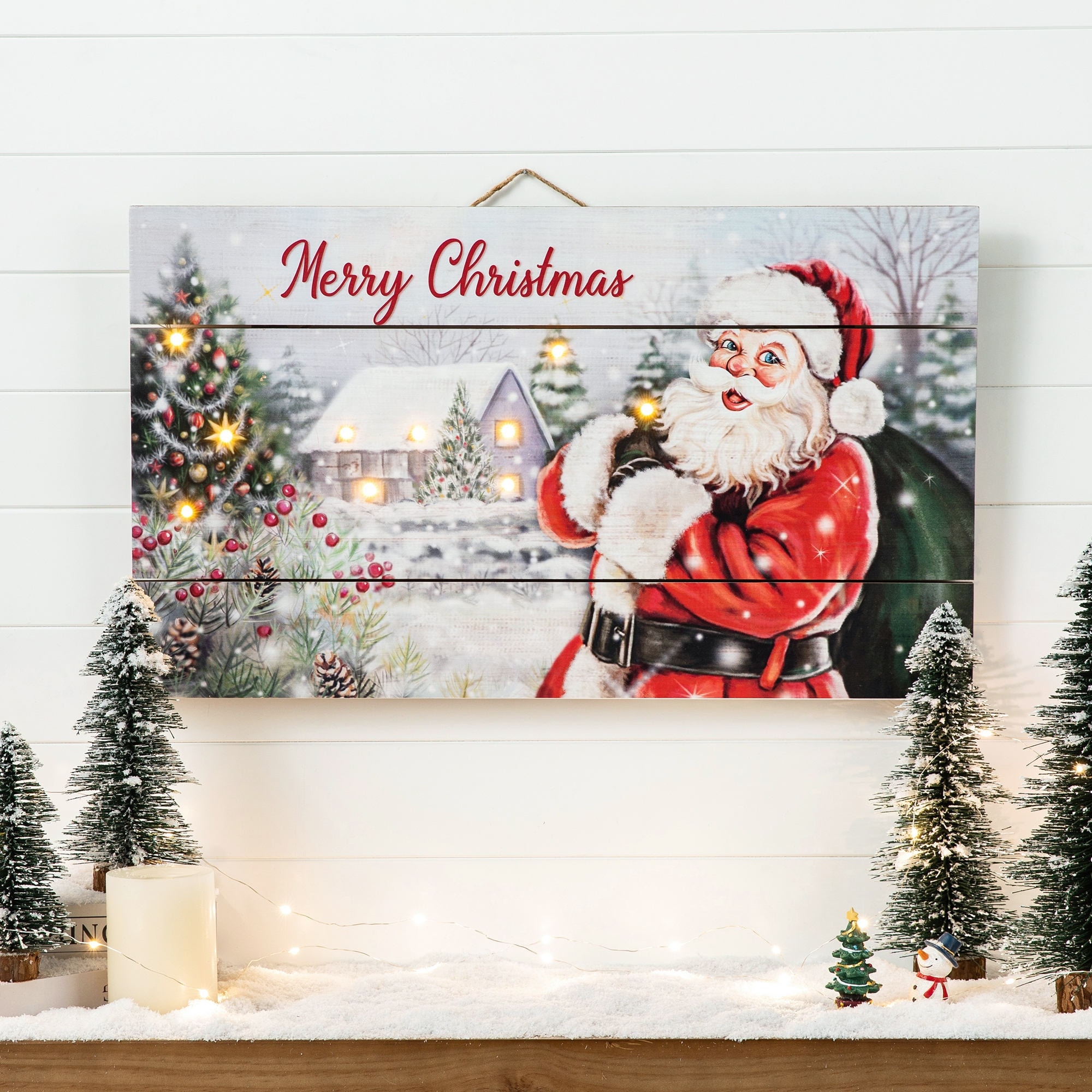 Glitzhome 24"L Wooden Christmas Santa Wall Decor with Warm White Lights