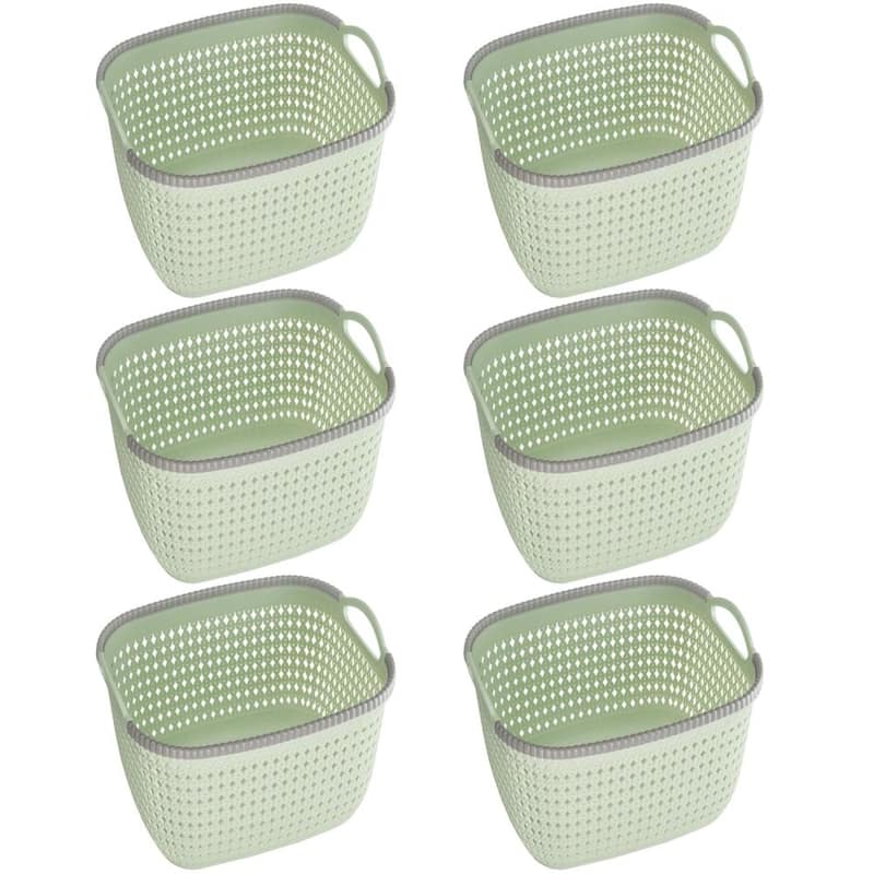 Rattan Plastic Weave Basket, Storage Bins Organizer for Closet, Shelf, Kitchen, Pantry and Bathroom -Ideal for Makeup, Cosmetics - Green - Set of 6