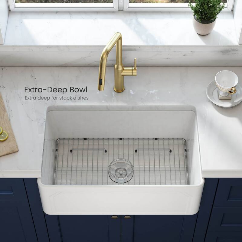 White Fireclay Farmhouse Undermount Kitchen Sink with Bottom Grid and Strainer