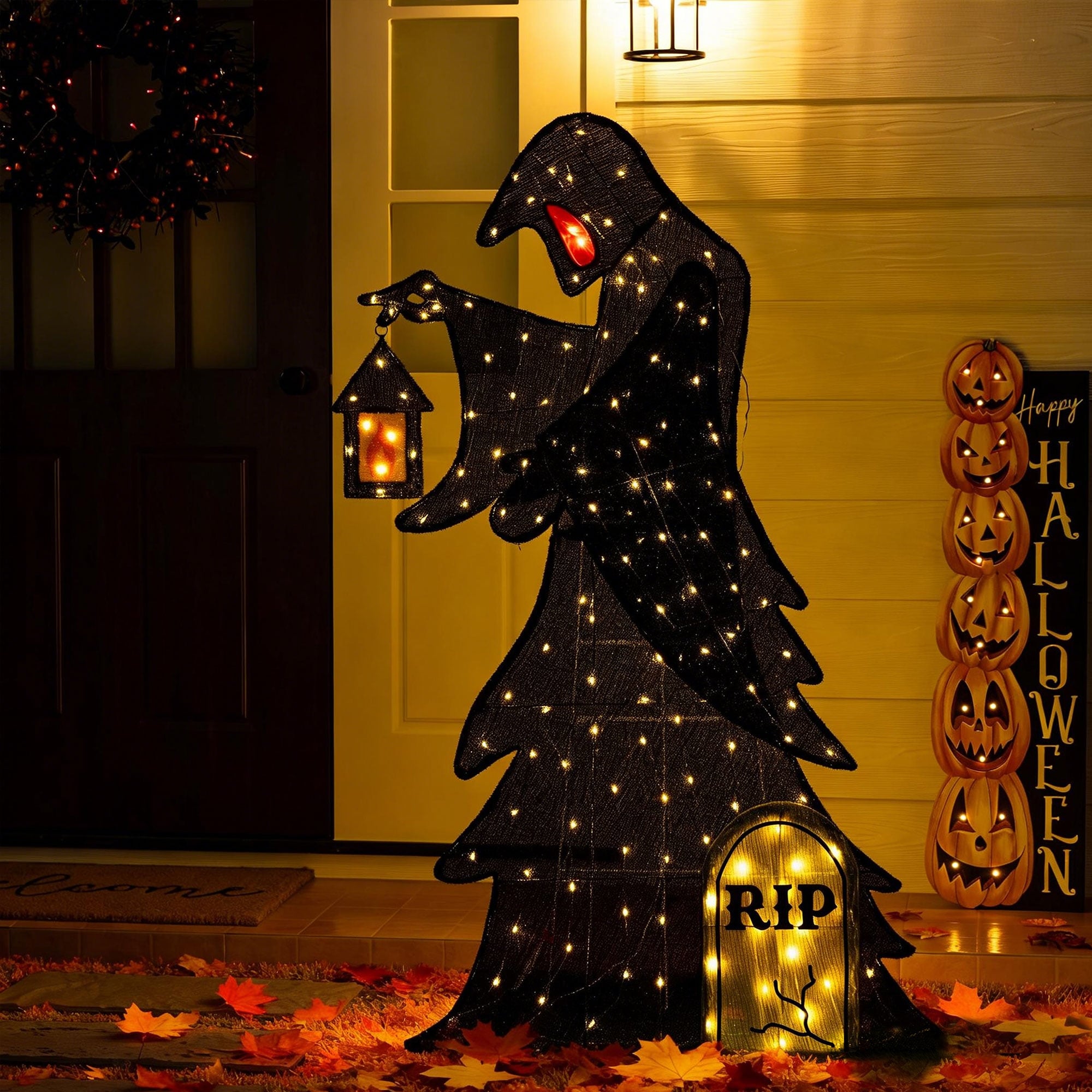 Glitzhome 5FT Lighted Halloween 2D Grim Reaper Outdoor Decor with 160 Warm White LED Lights
