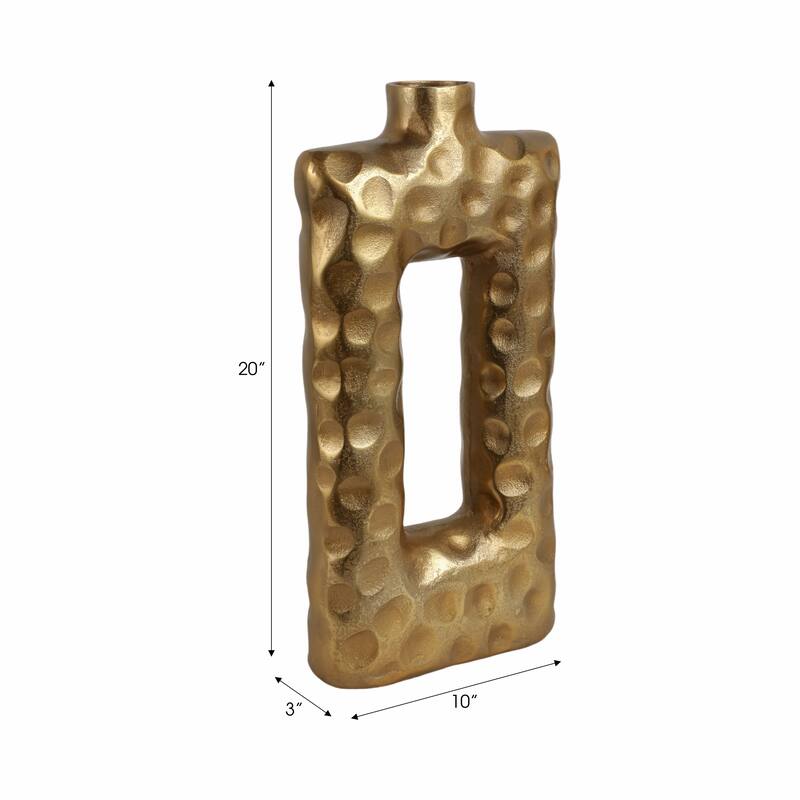 Metal Vase Hammered Texture with Rectangular Cutout Sculptural Design