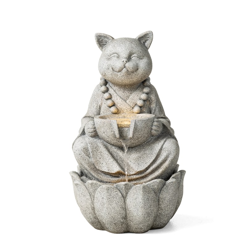 Glitzhome 21.75"H 2-Tiered Zen-Style Polyresin Cat Dog Statue Outdoor Fountain with LED Lights - Cat - Grey