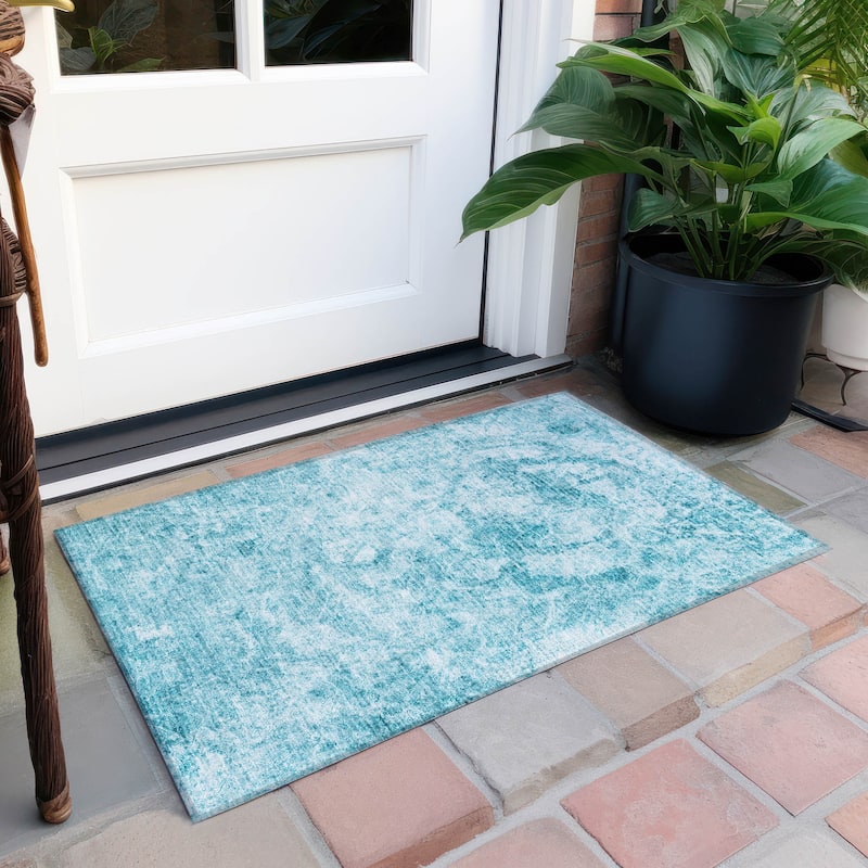 Machine Washable Indoor/ Outdoor Abstract Solid Chantille Rug - 1'8" x 2'6" - Teal