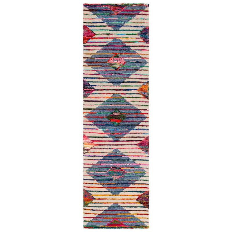 SAFAVIEH Handmade Nantucket Kaja Bohemian Wool & Cotton Rug - 2'3" x 6' Runner - Beige/Blue