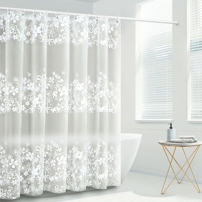 Shower Curtain Liner With 12 Plastic Hooks 72x72 Inches (White Flower)