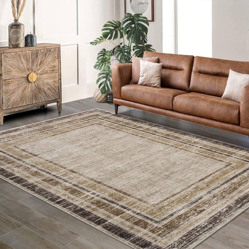 Washable Area Rugs for Living Room, Soft Modern Bordered Rug Non Slip Low Profile Carpets for Bedroom Dining Room