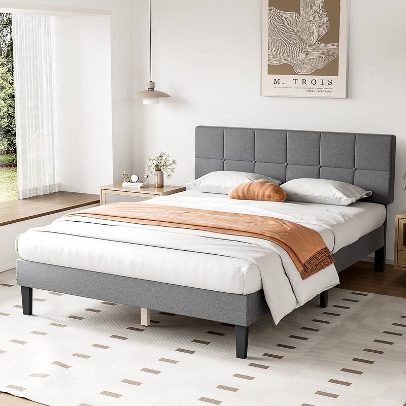 Bed Frame, Modern Platform Bed Frame with Adjustable Headboard, Geometric Upholstered Bed Frame 800LBS Sturdy Solid Wooden Slats