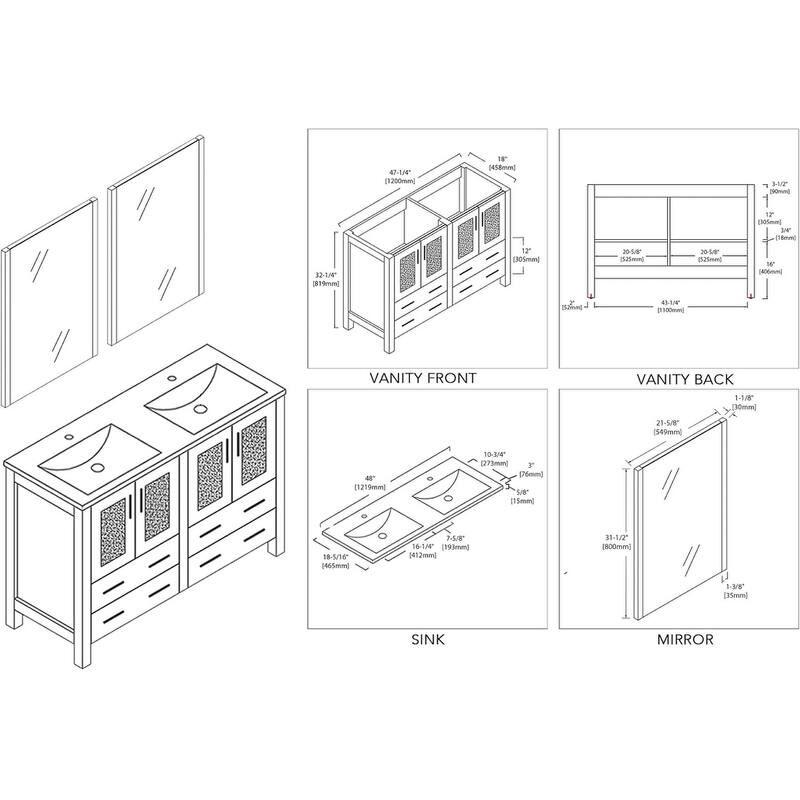Blossom 48" Double Sink Bathroom Vanity with Ceramic Tops & Mirrors