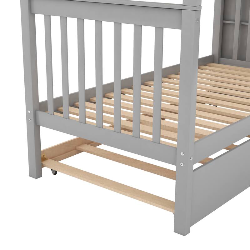 Staircase Twin Size Bunk Bed with Trundle, 3 in 1 Triple Bunkbeds Frame w/Storage Stairs & Safety Rails, Twin Over Twin Size