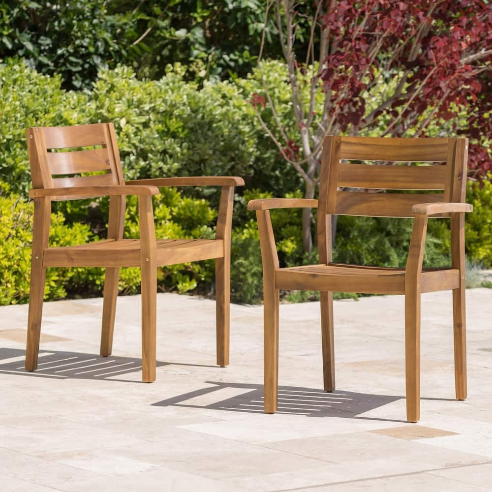 Country Style Outdoor Dining Chairs Set of 2, Acacia Wood Patio Armchair for Backyard, Poolside, Garden