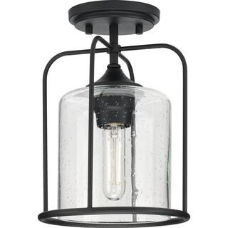 Watch Hill Collection  One-Light Textured Black Clear Seeded Glass Farmhouse Semi-Flush Light - 8.5 in x 8.5 in x 11.62 in
