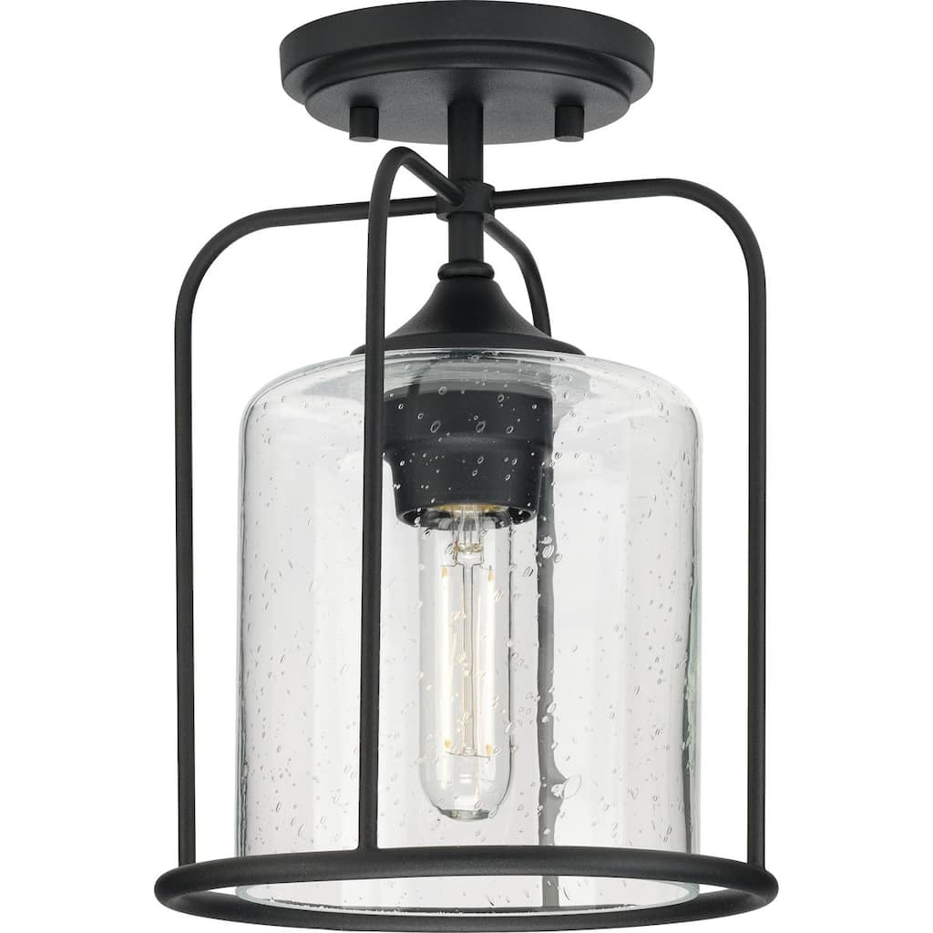 Watch Hill Collection One-Light Textured Black Clear Seeded Glass Farmhouse Semi-Flush Light - 8.5 in x 8.5 in x 11.62 in