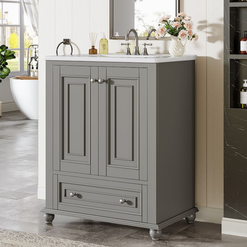 24 Inches Solid Wood Modern Bathroom Vanity with Ceramic Sink, Adjustable Shelf Storage