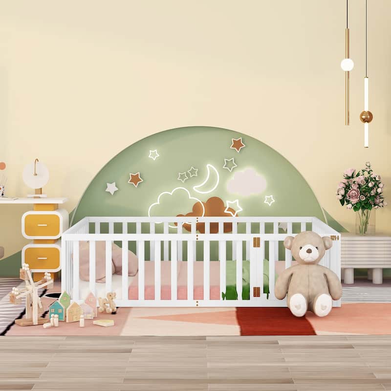 Queen Size Wood Floor Bed Frame with Fence and Door, White