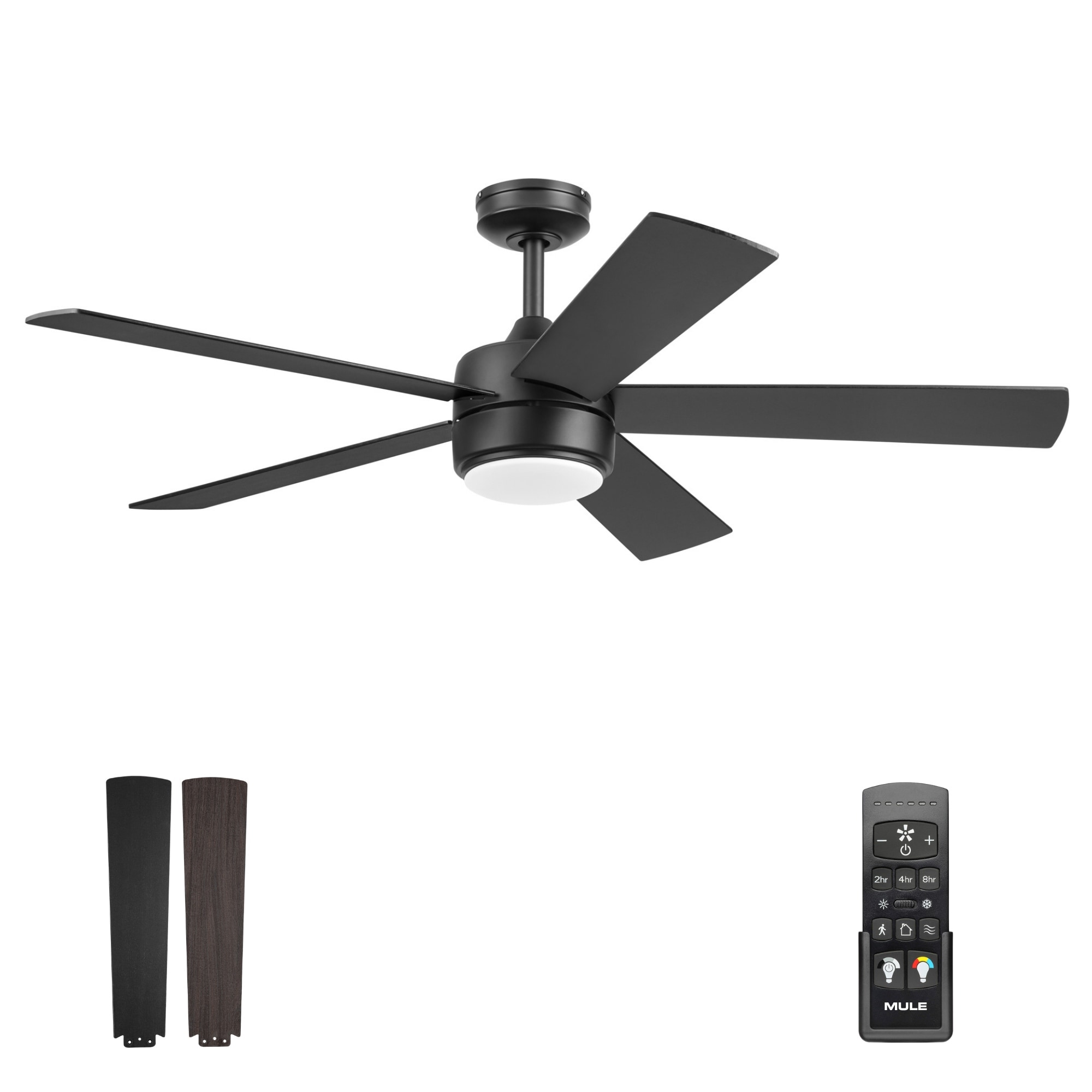 Mule Belmont 52-Inch Matte Black Indoor Ceiling Fan with Reversible Matte Black and Brown Blades and Adjustable LED Light