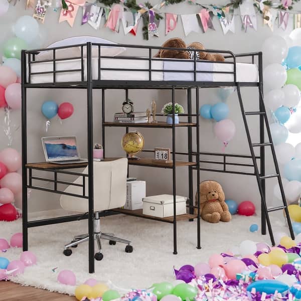 slide 2 of 28, Modern Twin Size Loft Bed And Built-in Desk And Shelves,Versatile Usage Black