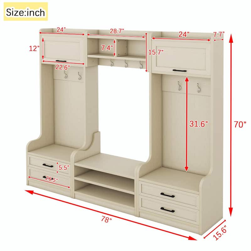 4-in-1 Entryway Hall Tree with Storage, 7 Hooks & Drawers, Beige