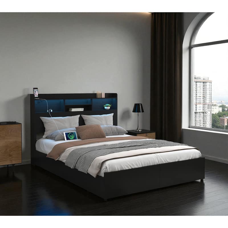 Bed Frame with 6 Storage Drawers, LED Headboard Shelf, Fast Charging Station, Heavy Duty Metal Platform No Box Spring Needed