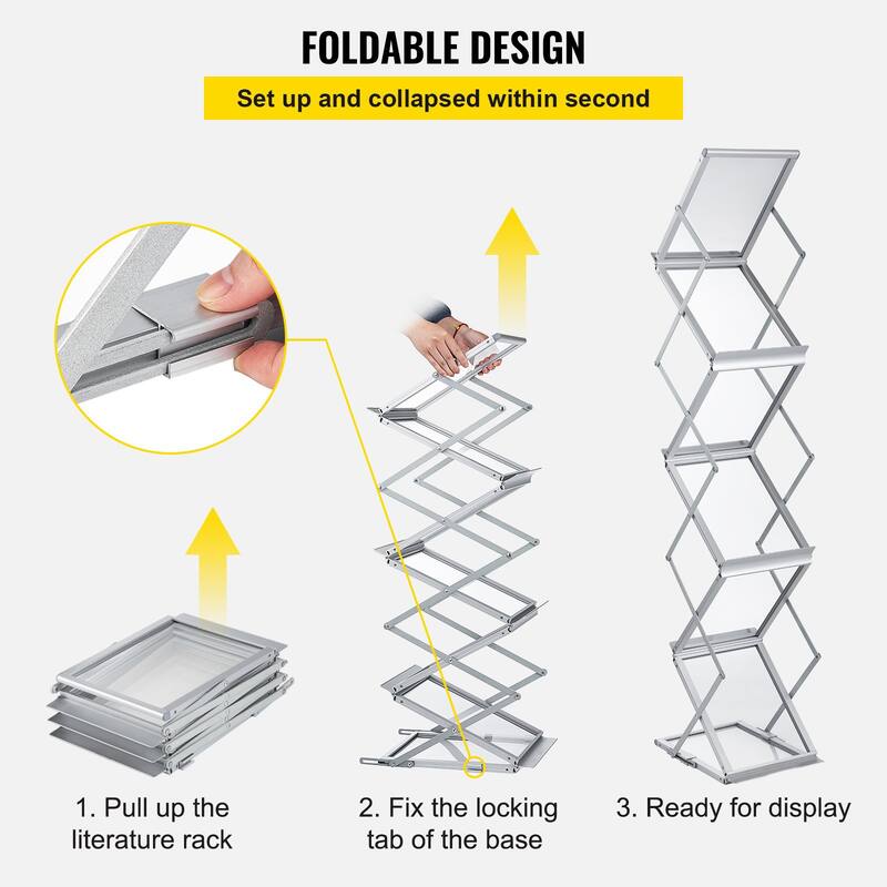 Silver Aluminum Foldable and Portable Lightweight Magazine Rack with 6 Pockets and Carrying Bag - 10.2" x 14.2 "x 59.8"