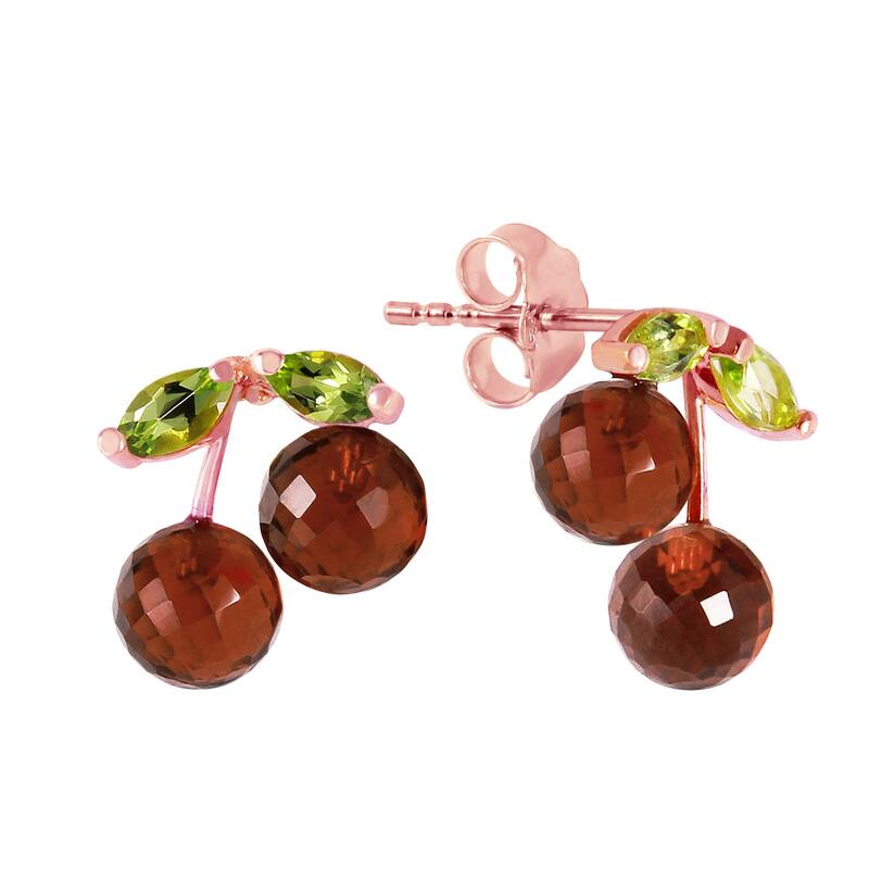 14K Solid Gold Gemstone Earrings w/ Natural Garnets & Peridots - Rose