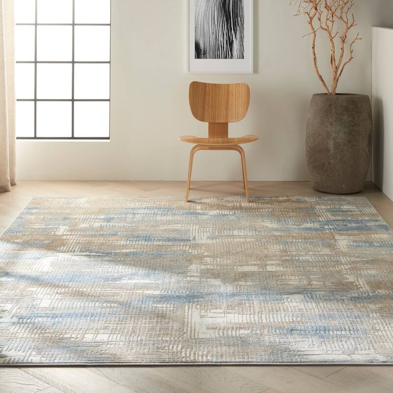 Calvin Klein Rush Contemporary Geometric Abstract Area Rug - 10' x 14' Rectangle - Blue/Beige - Runner/Rectangle
