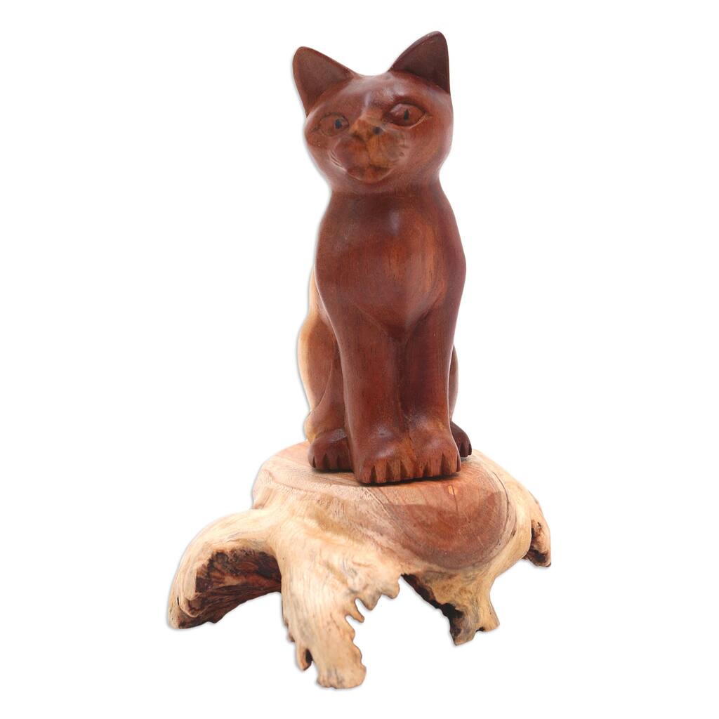 Novica Handmade Wary Cat Wood Sculpture