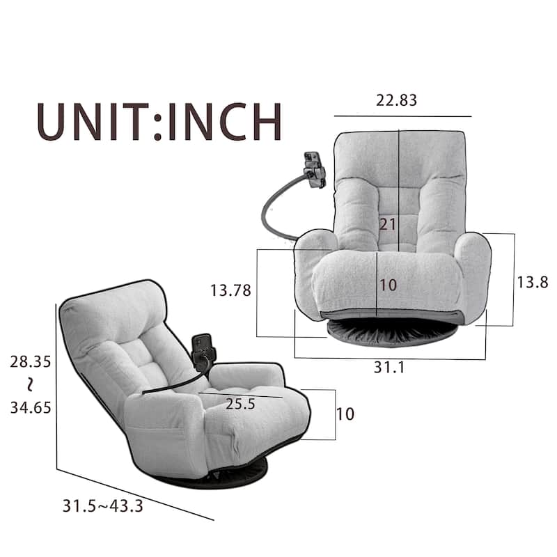 Gray Upholstered 360° Swivel Manual Leisure Recliner with Mobile Phone Holder, Adjustable Headrest and Backrest