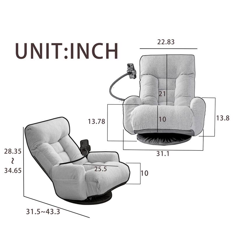 Gray Upholstered 360° Swivel Recliner with Mobile Phone Holder and Adjustable Headrest
