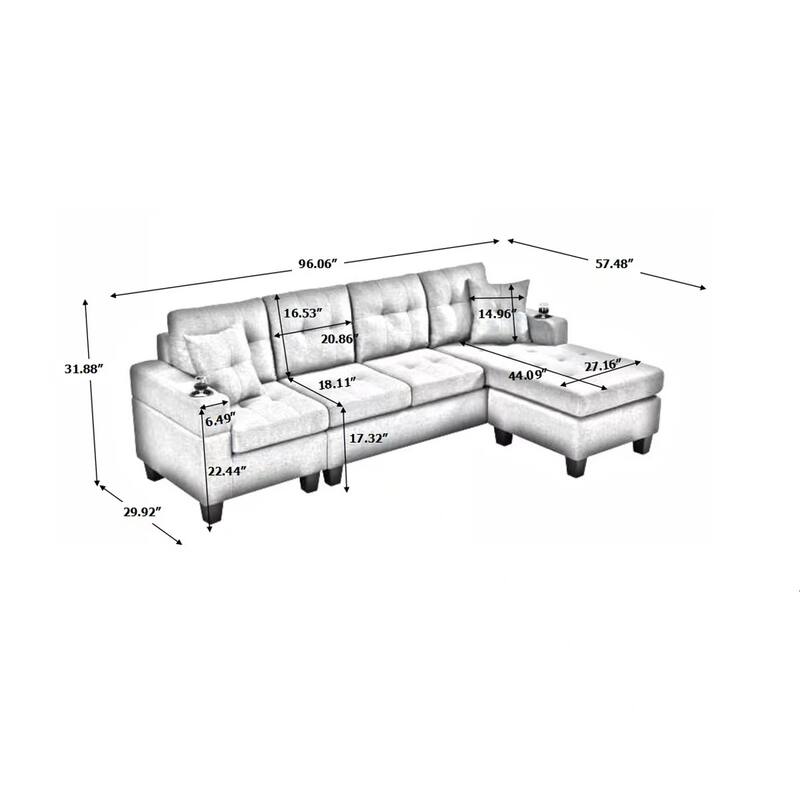 Modern Convertible LShape Sectional Sofa with Cup Holders, Armrest